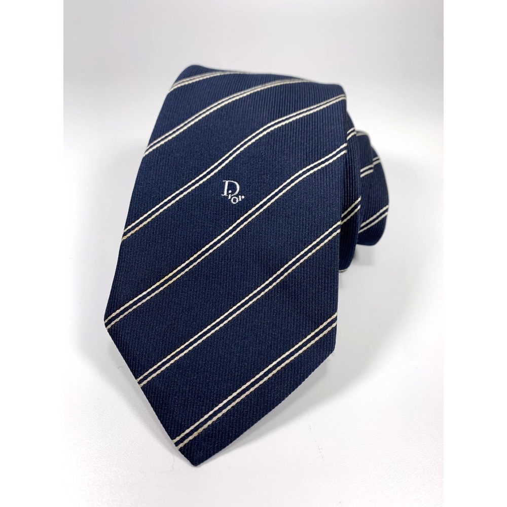 Vintage Christian Dior Mens Tie Navy Blue White Striped Poly-Silk Tie Dior Logo